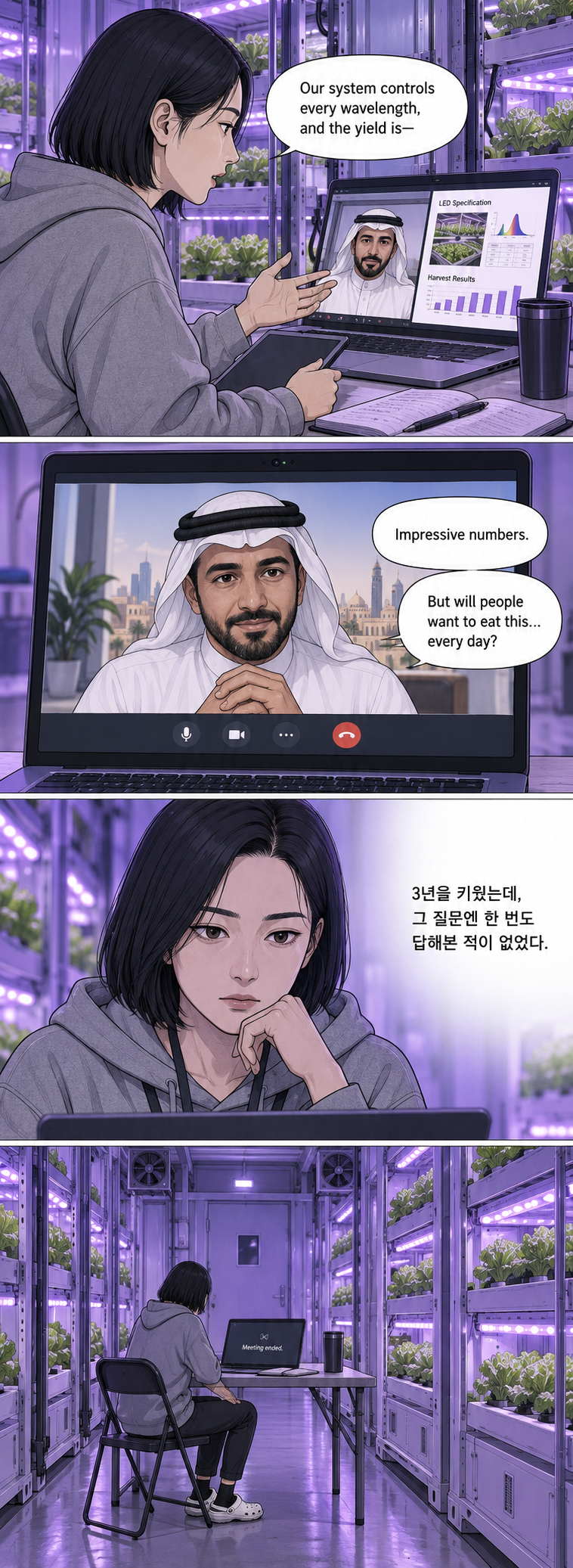 4–7컷. 화상 미팅에서 하람이 수직농장 시스템의 LED와 수확량을 설명한다. 나세르는 사람들이 매일 먹고 싶어 할지를 묻는다. 답하지 못한 하람이 미팅이 끝난 컨테이너에 홀로 남는다.