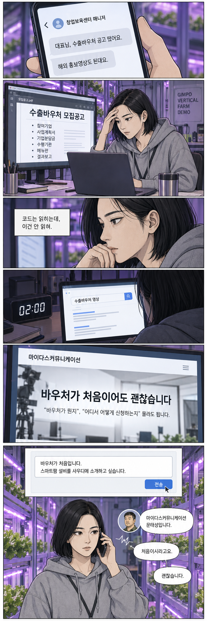 8–13컷. 수출바우처 공고를 받은 하람은 낯선 제도 용어 앞에서 막막해한다. 바우처가 처음이어도 괜찮습니다라는 문구를 발견하고 스마트팜 설비의 해외 홍보를 문의한다. 다음 날 문태성 PD에게 전화가 온다.