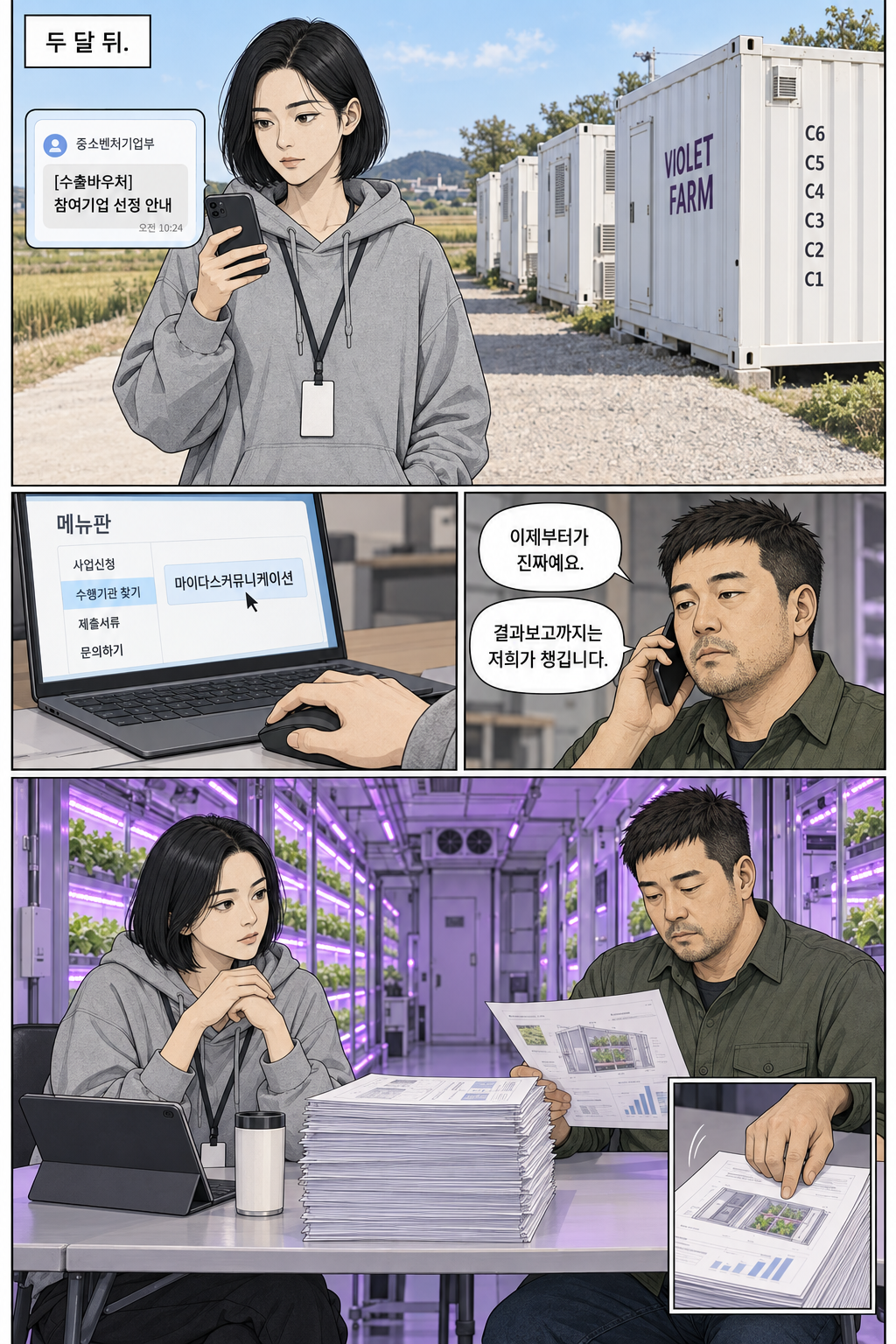 19–20컷. 두 달 뒤, 햇빛 아래에서 참여기업 선정 문자를 받은 하람이 마이다스를 선택한다. 문 PD는 결과보고까지 챙기겠다고 말한다. 첫 기획 회의에서 하람은 기술 자료 40장을 준비한다.