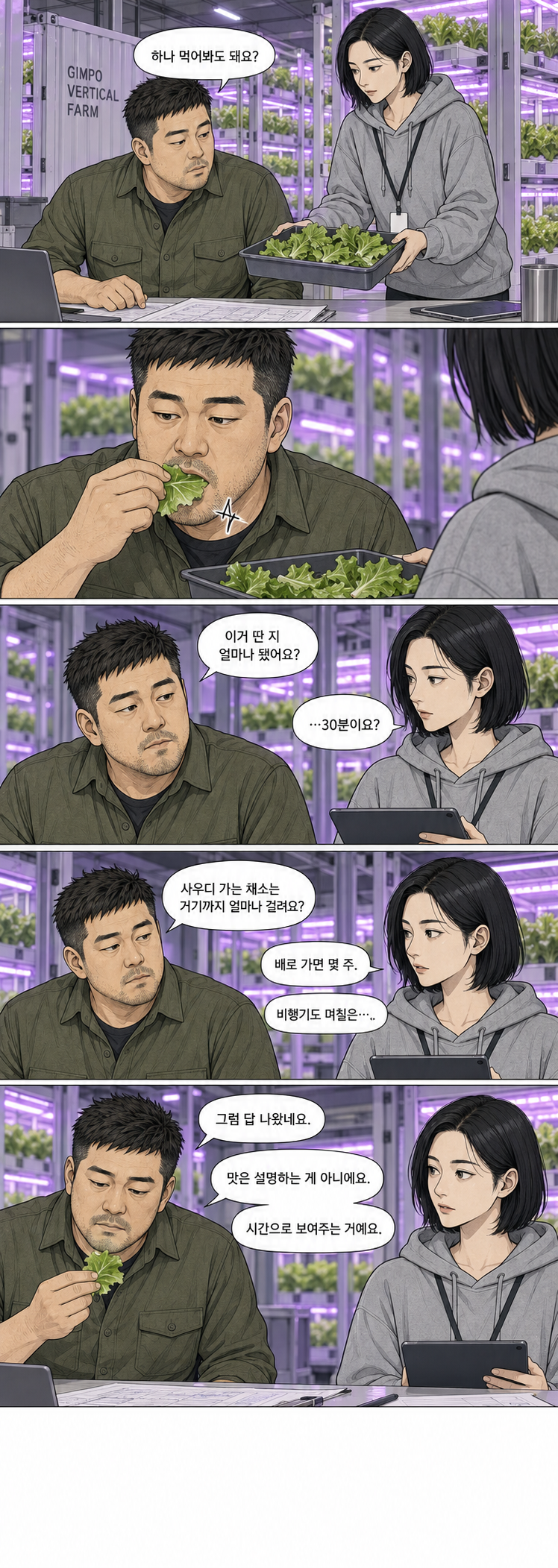 21–25컷. 문 PD가 상추를 맛보고 수확한 지 얼마나 되었는지 묻는다. 30분이라는 답에서 실마리를 찾는다. 먼 곳에서 운송한 채소와 달리, 현지의 수직농장 시스템은 수확부터 식탁까지의 시간을 줄일 수 있다.