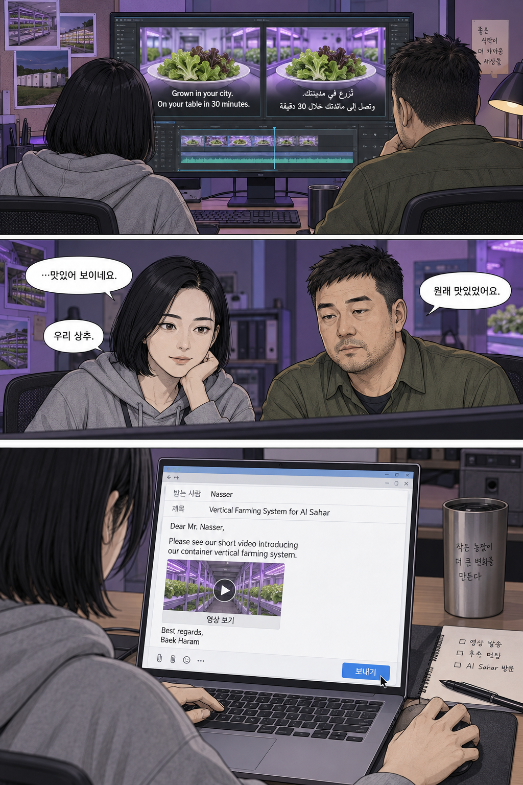 31–33컷. 영문과 아랍어 자막으로 완성한 영상을 함께 본다. 자막은 당신의 도시에서 길러, 30분 안에 식탁으로라는 가치를 전한다. 맛있어 보인다는 하람에게 문 PD는 원래 맛있었다고 답한다. 하람은 나세르에게 영상 링크를 보낸다.
